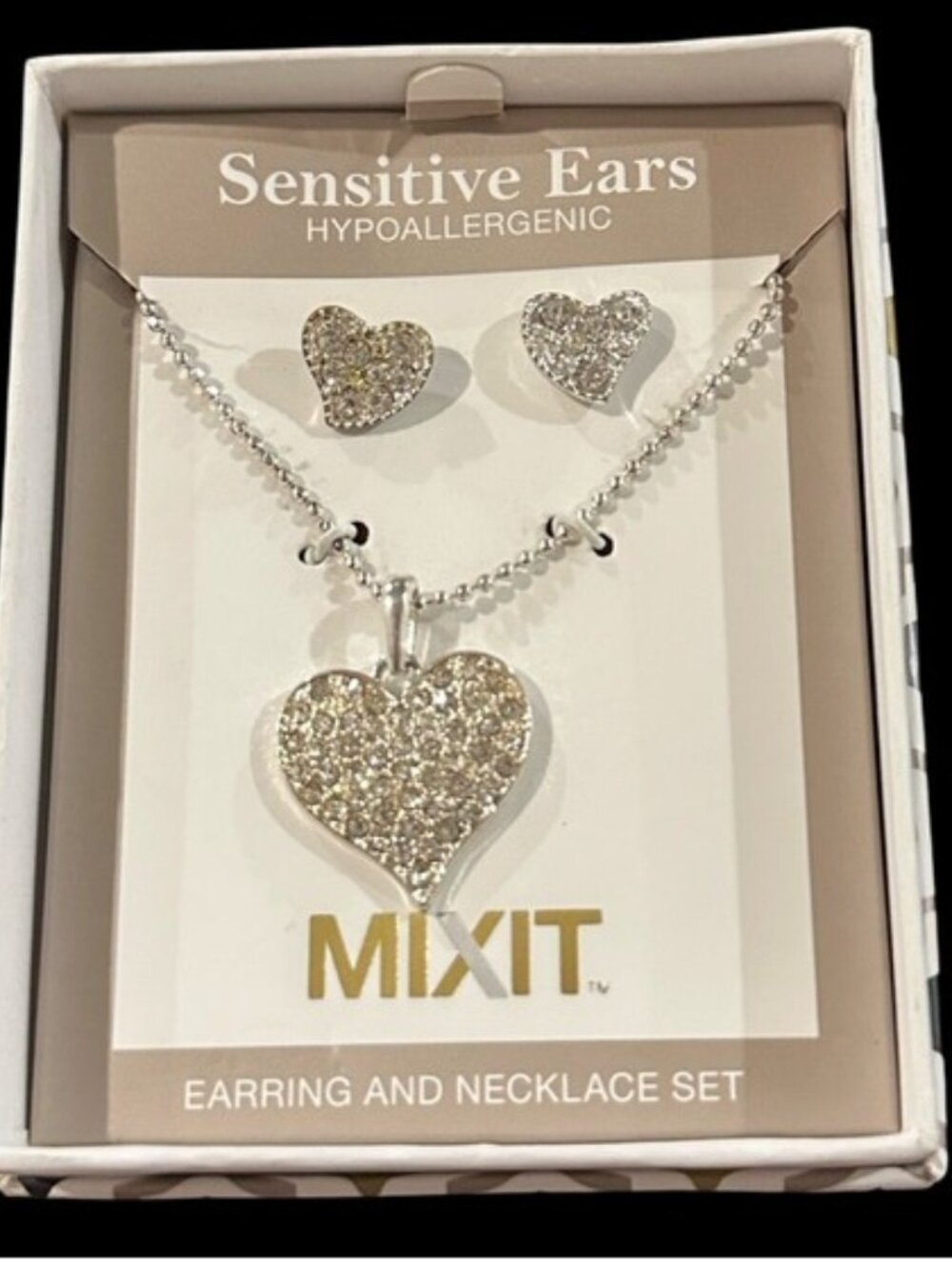 Mix It Necklace Earrings Set Silver Tone Rhinestone Inlay Heart New
